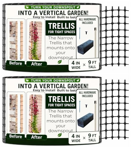Fallrohr-Rankgitter für Regenrinnen und Fallrohre, schmal, 2,7 m x 10,2 cm, Kletterpflanzenstütze, HDPE-Mesh-Rankspalier mit Montagezubehör für Clematis und Reben, Scroll Trellis 2er-Pack