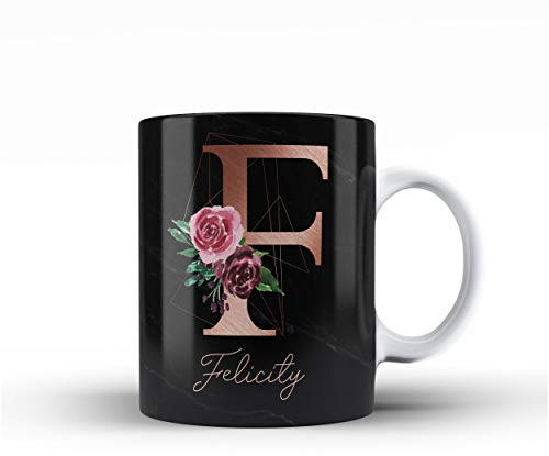 Personalised Floral Botanical Watercolour Monogram and Signature Ceramic Mug - 3D. Geometric Rose Gold Letter on Black Marble