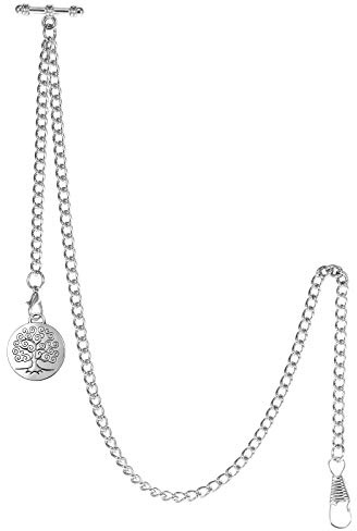 TREEWETO Taschenuhrkette mit T Bar Endstück Albert T-Bar Taschenuhr Kette mit Antiker Lebensbaum Anhänger und 2 Haken für Weste Knopfloch