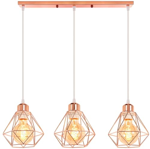 TOKIUS 3-flammig Pendelleuchte Retro Hängelampe mit Geometrischem Design 16CM Lampenschirm E27 Lampe aus Eisen Käfig Roségold Hängeleuchte für Esstisch Küche (Pendellampe, Balken)