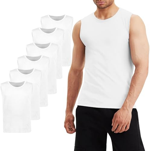 LiKing Camiseta sin Mangas para Hombre,100% algodón, Pack de 6 Camisetas de Tirantes para Hombre,sin Mangas, con Cuello Redondo,elástica para Gimnasio Camiseta de Ocio Blanco L