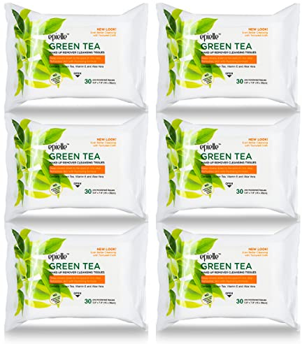 Epielle Green Tea Makeup Remover Wipes, Gentle Daily Facial Cleanser Towelettes, Remove Dirt, Oil & Waterproof Mascara, Stocking Stuffers, 30 Count (Pack of 6)