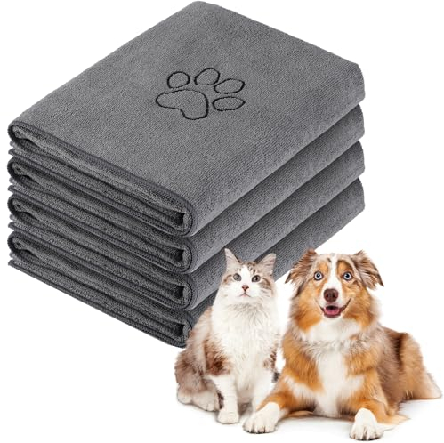 Chumia Hundehandtücher zum Trocknen, große Mikrofaser-Pflegewerkzeuge, saugfähig, weich, Badezubehör mit gestickter Pfote, für kleine und mittelgroße Haustierprodukte (76,2 x 127,7 cm, Grau), 4 Stück
