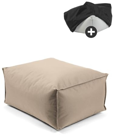 mokebo® Outdoor Pouf o. Hocker 65x45cm mit Schutzhülle 'Der Ruhestifter' Sitzhocker, Fußhocker, Sitzkissen, Sitzpouf mit EPS-Perlen Füllung & Cover, nur wasserabweisend mit Schutzhülle, Beige-Khaki