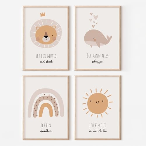 MeinBaby123® Affirmationsbilder | 4er Set DIN A4 Poster | Bilder Kinderzimmer | Deko Babyzimmer | Wandposter Premium (Affirmations Set V6)