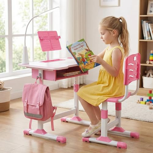 Oyajia Schreibtisch Kinder Höhenverstellbar, Kinderschreibtisch für Mädchen,Jugendschreibtisch Schülerschreibtisch mit Bücherständer Schublade & ergonomischem Schreibtischstuhl Stuhl(Rosa)