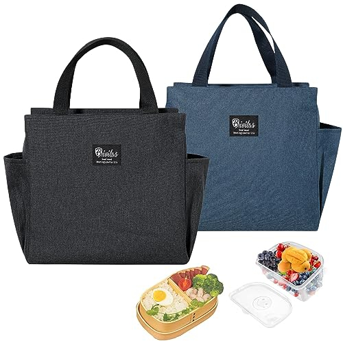 Lunchtasche, 2 Stücke Isoliertasche, Kühltasche Lunchtasche Isolierte Lunchtasche mit Seitentaschen für Schule Picknick Outdoor oder Arbeit Lunchboxen 25 x 14 x 25 cm Schwarz Dunkelblau