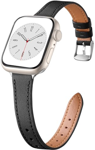 CeMiKa Bracelet Cuir Étroit Compatible avec Apple Watch 38mm 40mm 41mm 42mm | Bracelet Remplacement Cuir Véritable pour Apple Watch SE3 SE/iWatch Series 11 10 9 8 7 6 5 4, Femmes Hommes, Noir/Argenté