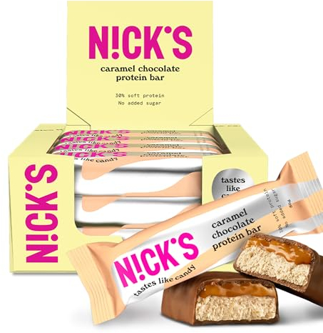 NICKS Keto Protein Bar Caramel Chocolate, 15 g Protein, 190 Calories, Low Carb Snacks No Added Sugar Gluten Free (12 x 50 g)