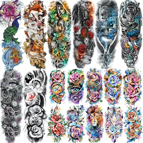 GOROMON 18 Sheets Large Full Arm Temporary Tattoos For Adults, 8 Sheets Peocock Lion Wolf Tiger Compass Flower Fake Sleeve Tattoos For Women Thigh, 10 Sheets Watercolor Rose Half Arm Tatoos Stickers