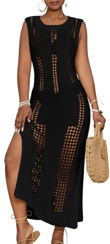Bsubseach Women Long Sleeveless Crochet Bikini Beach Cover Up Black M