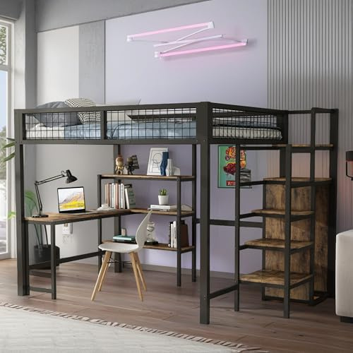 Sapgaks Hochbett 1-Sitzer mit Schreibtisch 140x200 Etagenbett für Kinder 140 x 200 cm mit Kleiderschrank, Kinderbett mit Eisenbarriere, Stauleiter Mehrere Ablagen ohne Matratze Schwarz