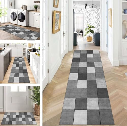 ZUZEKU Teppich Läufer Lang Flur Küche rutschfest waschbar Teppichmatten Modern Design Küchenläufer Grau 80X200cm Küchenteppich Meterware Esszimmer Schlafzimmer Wohnzimmer Schmutzfangmatte