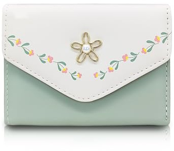 AdiStylinno Geldbörse Damen, Nette Blumen Print Leder Kleiner Geldbeutel Damen Kompakte Bifold Portemonnaie Mode Slim Wallet Frauen Portmonee mit ID Fenster und Mehreren Kartenfächer(Grün)