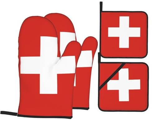 Hitzebeständige Ofenhandschuhe und Topflappen, 4-teiliges Küchen-Backset, Topfdeckel, Mikrowellenunterlage mit Schweizer Flaggen-Aufdruck