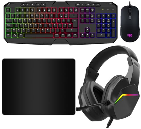 Luminous USB Wired Keyboard and Mouse Set, Mouse Pad And Gaming Headset, Full Size Keyboard, UK Layout, RGB LED Lights, Windows And Mac
