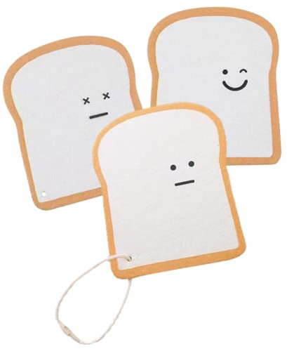 minkissy Reusable Kitchen Washcloths 3pcs, Small Wood Pulp Cotton Absorbent Dish Scrub Sponges with Toast Pattern Print, Multi-Function Cleaning Accessories for Household Dishwashing