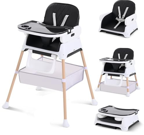 Hochstuhl Baby, Verstellbare Umwandelbare 3 in 1 Kinderhochstuhl, Tragbare Kompakte Baby Kleinkind Fütterung Stuhl Reise Hochstuhl Booster für Kleinkind, von 6 Monaten bis 3 Jahren Schwarz