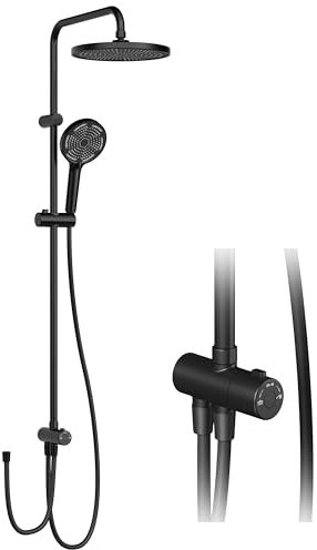Ducha de lluvia sin grifería, sistema de ducha con cabezal de ducha, juego de ducha de acero inoxidable, columna de ducha superior, juego de alcachofa redonda, 25 cm, color negro