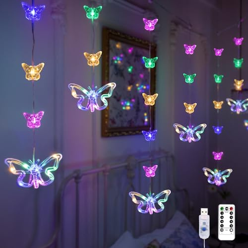 YOLIGHT Butterfly Curtain Lights for Bedroom 3M LED Cute Fairy Light with Remote Timer, Twinkle String Lights for Kids Girls Room Bed Canopy Wedding Easter Christmas Decoration (Multicolour)