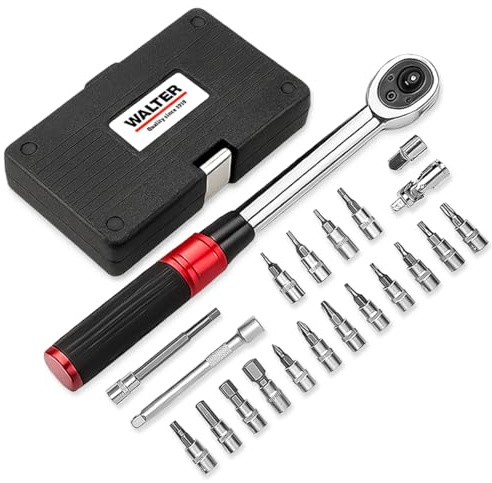 WALTER Fahrrad Drehmomentschlüssel Set 2–24 Nm, 21-tlg. Werkzeugset | Ratsche mit Bits, 1/4 Umschaltknarre, sicheres Drehmoment Werkzeug für MTB, E-Bike, Rennrad, Scooter