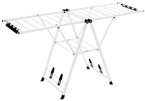 GIANTEX Étendoir à Linge Pliable, Ailes Réglable en Hauteur, 20 Barres de Séchage, Pinces pour Chaussettes, Repose-Chaussures, Séchoirs à Linge en Métal pour Intérieur et Extérieur