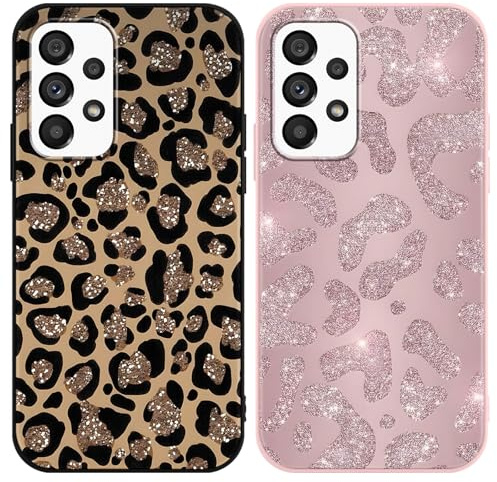 Yirlbey 2 Pièces Coque pour Samsung Galaxy A53 5G 6,5, Étui Souple TPU Aesthetic Motif Paillette Dessin Durable Fine Silicone Housse de Antichoc Anti-Rayures Protection Cover pour Fille, Léopard