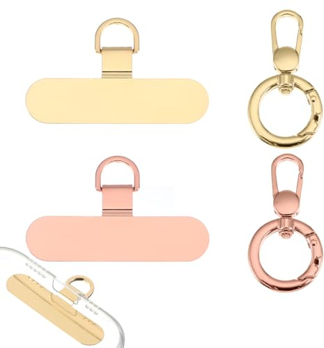 WJIAAA 2Pcs Phone Tether Tab, 2Pcs Spring O Ring, 360° Rotatable Cell Phone Lanyard Patch Ultra-Thin Universal Lanyard Pad (Rose Gold+Champagne Gold)