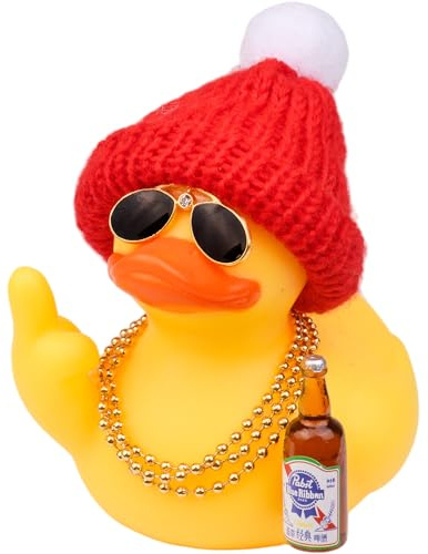 Mwmoeen Weihnachten Ente Auto Autodekoration, Gummiente Armaturenbrett Dekorationen, Gelbe Gummi Auto Ornamente Strickmütze mit Halsketten und Mini-Werkzeuge Party Büro Haus Dekoration(6.5cm)
