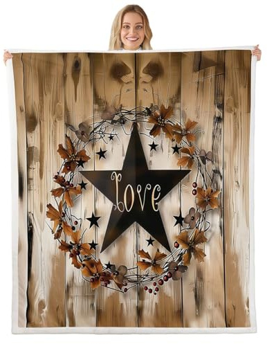 jejeloiu Western Rustic Sherpa Blanket Plush Fuzzy Texas Star Fleece Throw Blanket Boys Girls Retro Wood Grain for Bed Couch Chair Living Room Farmhouse Bedroom Decor Baby 30x40
