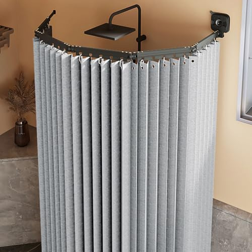 Tenda da doccia pieghevole impermeabile antimuffa con asta a forma di L e ventose, installazione senza trapano, in lino, design salvaspazio, per docce ad angolo, grigio, 2 pieghe