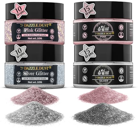 Dazzle Dust Edible Glitter and Luster Dust Powder Sprinkles for Cake Decorating, Drinks, Cookie, Icing, Dessert Decorations, Food-Grade, Vegan, Gluten Free, Bulk Pack, Pink and Silver