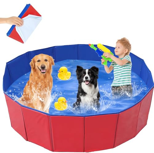 Kinfezlon Hundepool, 120 x 30CM Hundepool I Faltbar, Hunde Pools für Groß & Mittlere Hundes, PVC Anti-Rutsch Verschleißfester für Kinder, Katzen und Hunde im Garten- ROT