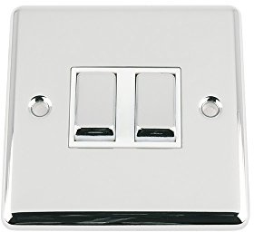 Light Switch 2 Gang Polished Chrome - Classic - White Insert Metal Rocker Switches - 10A Double 2 Way