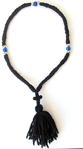 IconsGr Chotki Chapelet Pendentif bénir Chrétien Orthodox Grec fait main laine 100 noeuds couleur noir avec croix du Mont Athos (Grece)