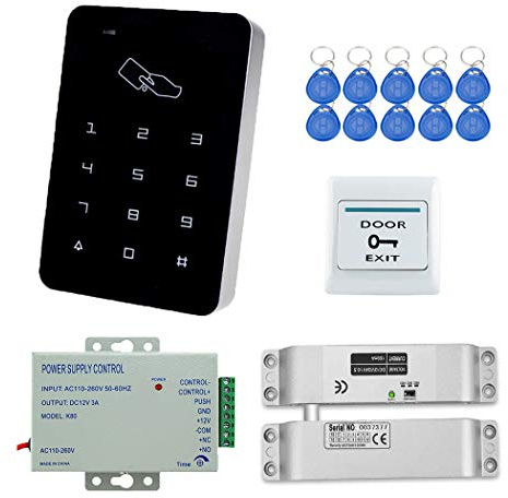 YAVIS Kit Completo di Sistema di Controllo Accessi RFID del Corredo con Serratura Elettrica DC12V Serratura Elettronica Bullone, 3A Alimentatore, Pulsante di Uscita, Schede chiave ID 10 pz