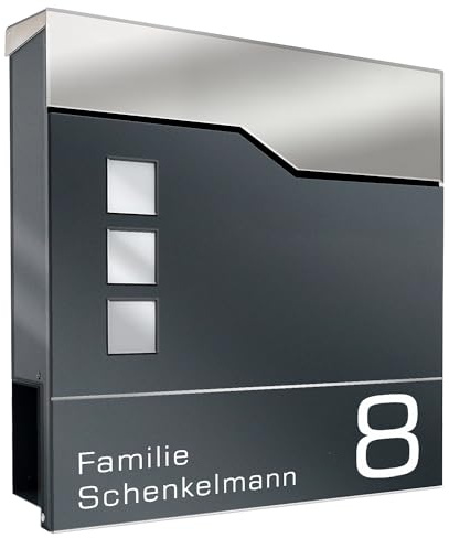 Zalafino Briefkasten mit Name und Hausnummer in anthrazit – individualisierbarer Design-Briefkasten aus pulverbeschichtetem Stahl mit Zeitungsrolle, Briefschlitz und Sichtfeldern, Model Tirros