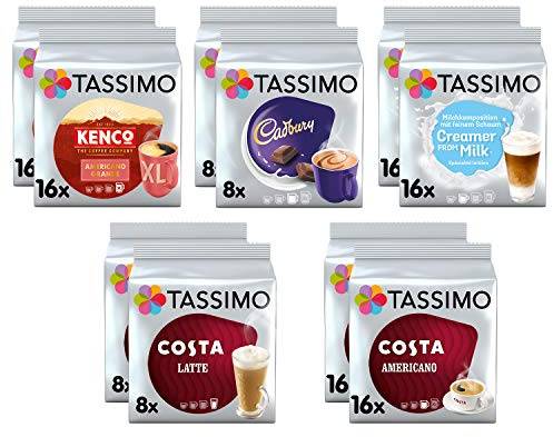 Tassimo Coffee Selection – Tassimo Americano/Costa Americano/Costa Latte/Cadbury – Lot de 10 boîtes (96 portions)