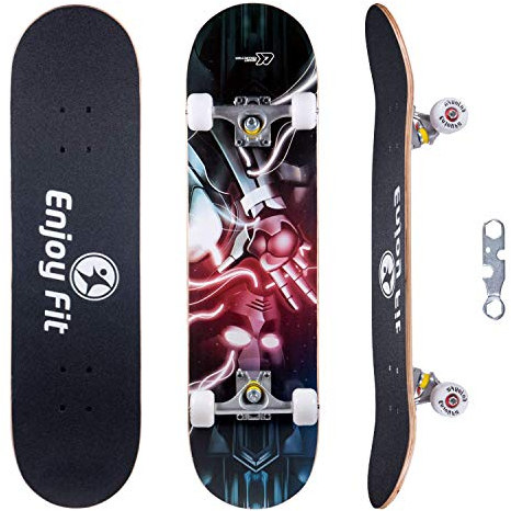 EnjoyFit Skateboard Komplettboard 80 x 20 cm mit ABEC-7 Kugellager 9-lagigem Ahornholz für Kinder Jungendliche und Erwachsene, Belastung 150kg (Blitz)