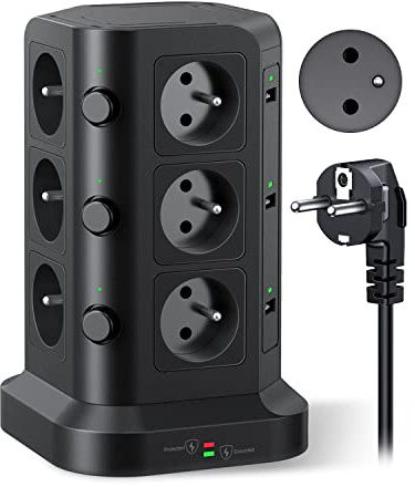KOOSLA Tour Multiprise Type E, 12 Prises, 6 USB, 2M, Noir | 12 Prises Type E, 6 USB, 4000W/16A, 3 Interrupteurs, Parafoudre, Câble 2M