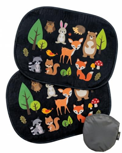 HECKBO 2 x bilsolskydd med 8 sugkoppar - skogsdjur motiv - 48 x 31 cm - bilfönster sidofönster solskydd bilsolskydd sidoruta - med ficka - för baby barn, flickor, pojkar