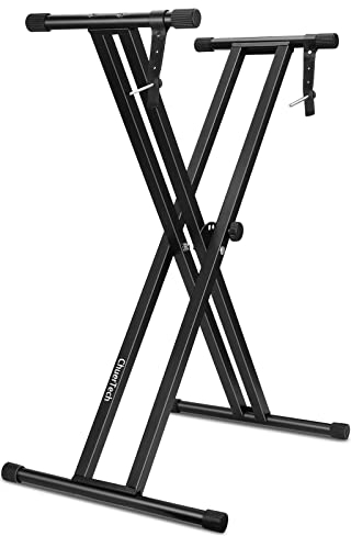 ChuerTech Keyboardständer Doppelstrebiger, 7 Fach Höhenverstellbares Keyboard Stativ Rutschfestem, Faltbarer Stabiler e Piano Ständer Doppel mit Feststellgurten, Klavier Halterung - Schwarz