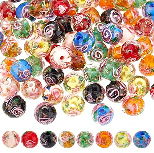 OLYCRAFT 80 st 8 mm guld sand lampworkspärlor – 8 färger – runda, blomformade – glas – hantverkspärla