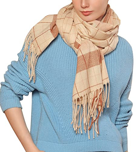 Orbgons und Winter bunter Karierter Schal für Damen, verdickender Warmer Fransenschal Schal Schwarz Damen Kaschmir (Beige, One Size)