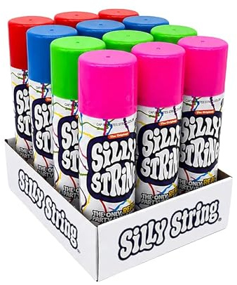 Die originale Silly String! Silly String Party Pack, 12 Stück, verschiedene Farben, 85 g große Dose, die einzige echte Party in einer Dose. Be Silly! Schießt über 4,5 m