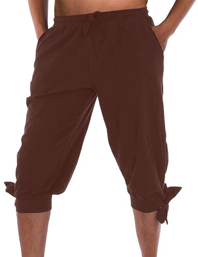 LVCBL Kortbyxor för män med snörning, sommarbyxor, viking, pirat, medeltida kostym, fritidsbyxor, strandshorts, BRONS, M