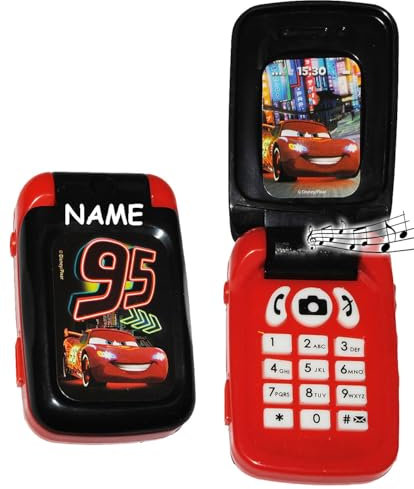 alles-meine.de GmbH Handy mit Sound - Auto - Cars - incl. Name - für Kinder/Jungen - Autos Kinderhandy/Spielzeughandy - Spielzeugtelefon - Klapphandy Telefon Lightning McQuee..