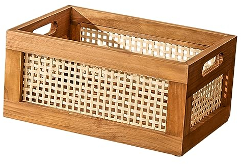 FONDOTIN Solid Wood Storage Basket with Handle, Retro Hollow Woven Desktop Sundry Organizer, Large Capacity 35x25x16cm for Home Storage and Household Tidying