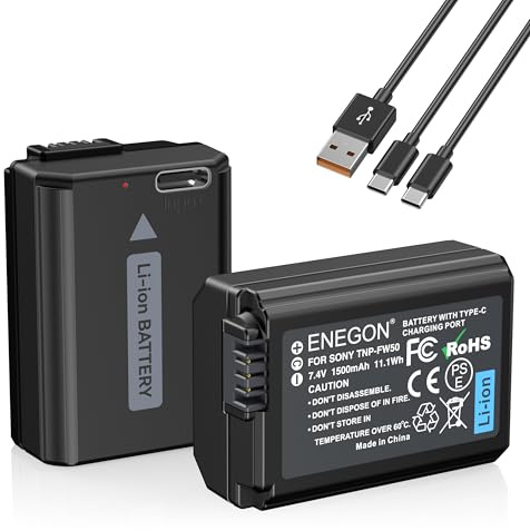 ENEGON NP-FW50 Direktlade-Ersatzbatterien 1500mAh (2er-Pack) mit 2-in-1-USB-C-Ladekabel für Sony ZV-E10,NEX 3/5/7&SLT-A Serie,Sony A7, A7SII, A7R, A7RII,A3000,A6000,A6500,A6300,A6400 A55,A5100,RX10II