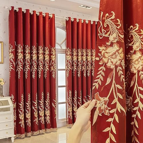 Amidoudou 1 Pair European Double Layer Curtains for Living Room Red Embroidered Christmas Curtains for Bedroom (Red,66 x 90 Inch)